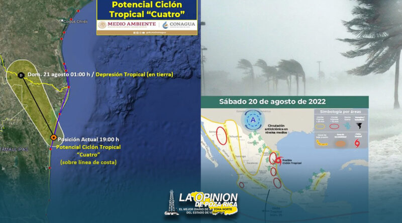 Esta noche el Potencial Ciclón Tropical Cuatro ocasionará lluvias intensas en Puebla, Tamaulipas y Veracruz